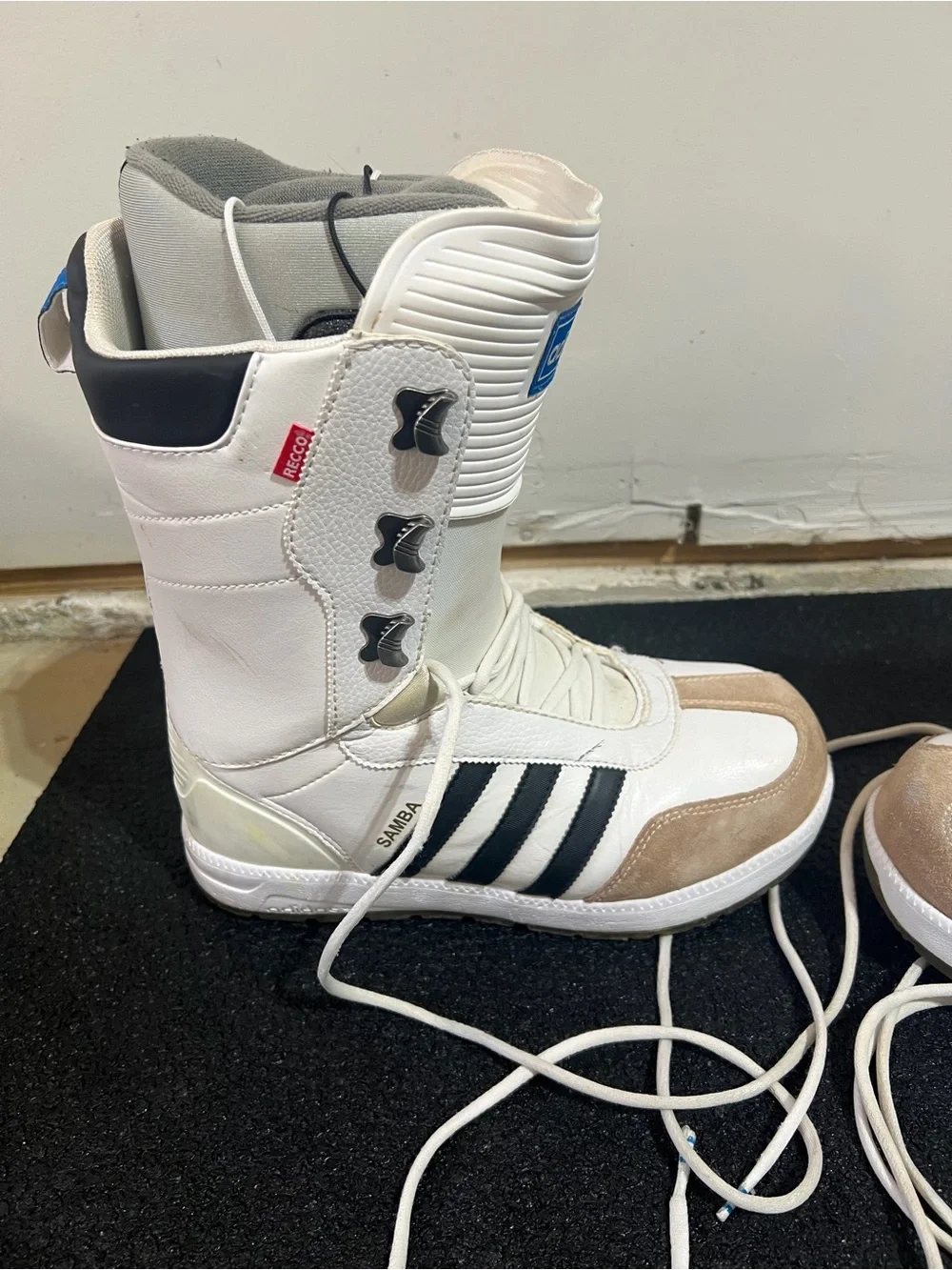 adidas White and Black Samba Snowboard Boots with Tan Accents